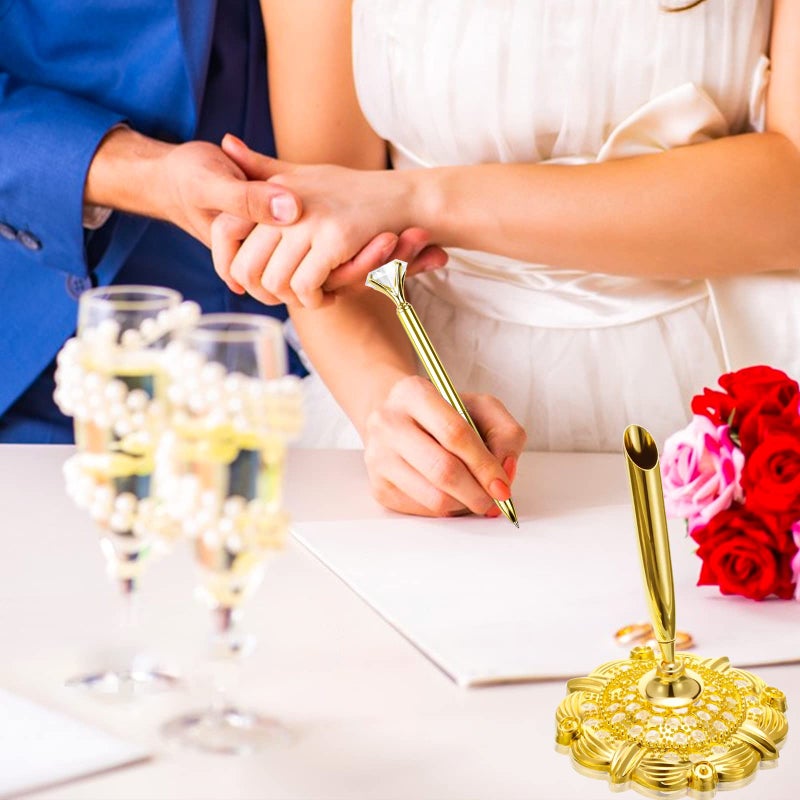 RUTICH Hollow Round Pen Holder Signing Pen Set with Big Diamond Crystal Pen for Wedding Bridal Opening Ceremony Graduation Office, Golden(Black Ink) - Image 5